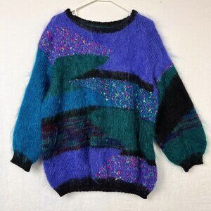 90s Mohair Sweater Oversized Baggy Women L XL Knit Wool Colorblock Fuzzy Vintage